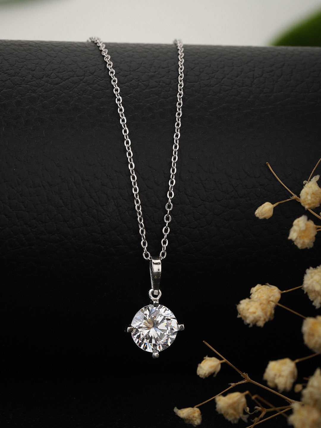 

Carlton London Silver-Toned Rhodium Plated Stone-Studded Circular Pendant with Chain