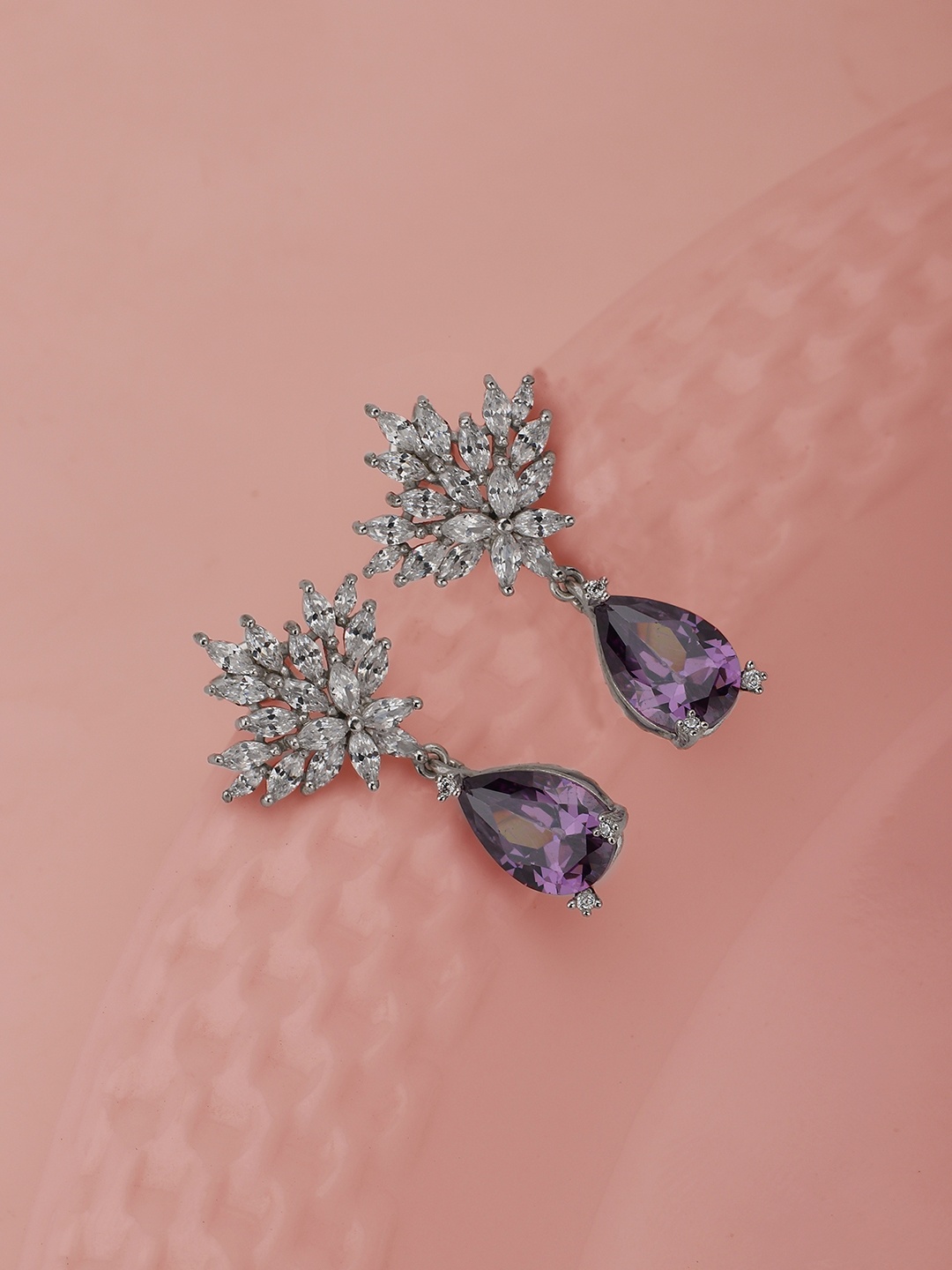 

Carlton London Silver-Toned & Purple Rhodium-Plated Stone Studded Teardrop Drop Earrings