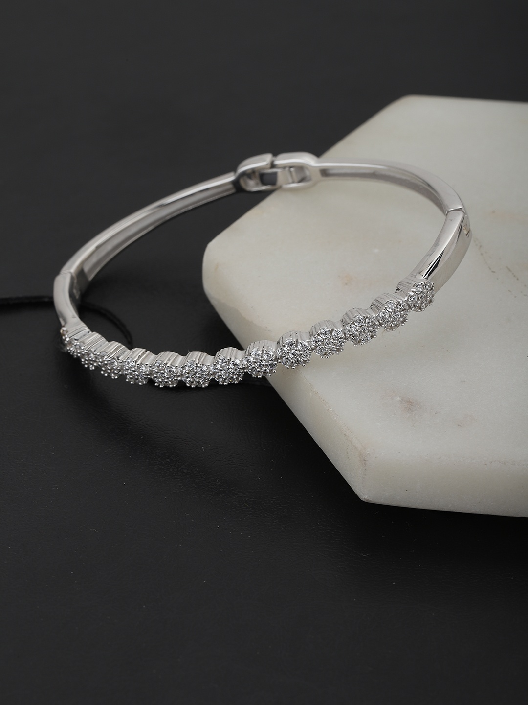 

Carlton London Silver-Toned Rhodium Plated CZ Studded Bangle Style Bracelet