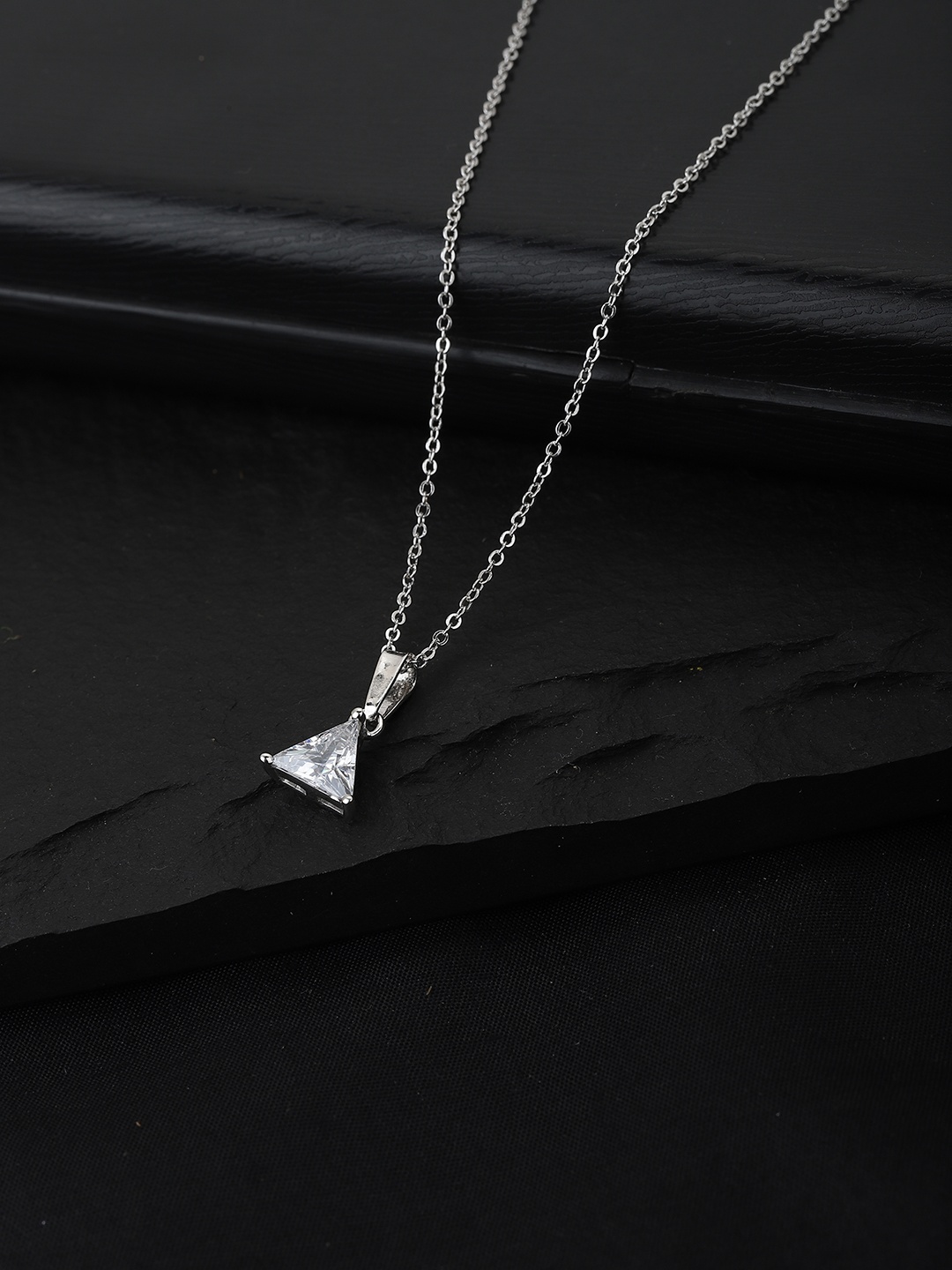 

Carlton London Silver-Toned Rhodium Plated Stone-Studded Pyramid Shaped Pendant with Chain