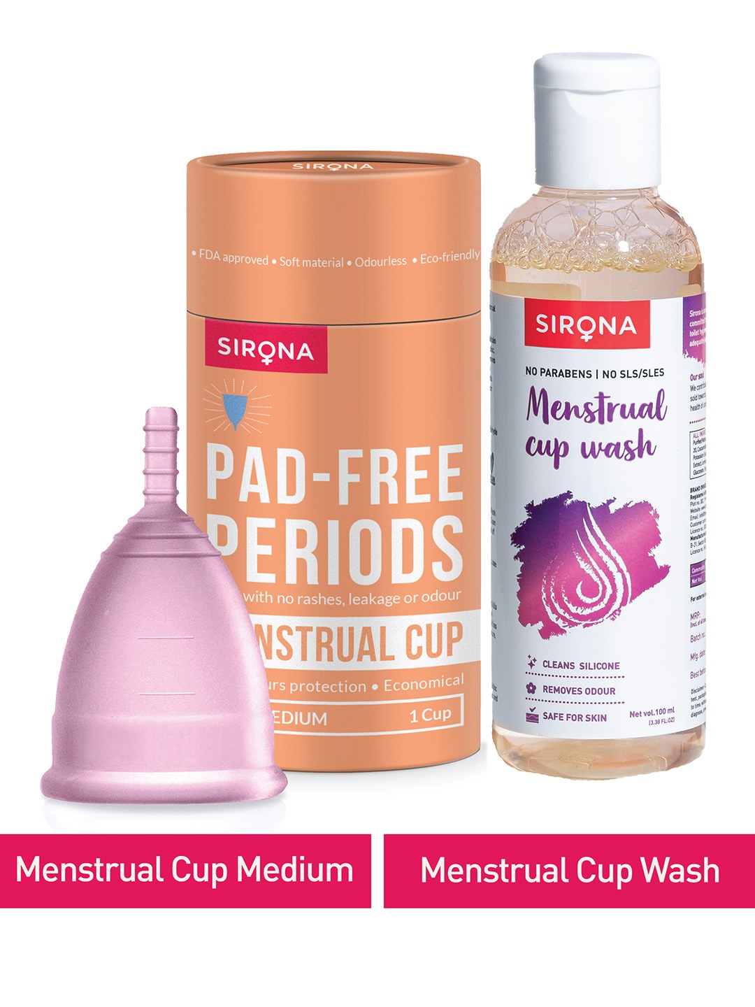 

Sirona Reusable Menstrual Cup with Menstrual Cup Wash 100 ml - Medium, Pink