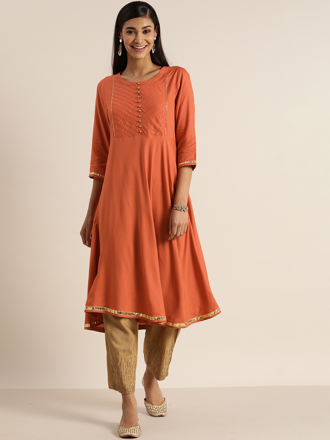 

all about you Women Orange Geometric Yoke Design Anarkali Kurta