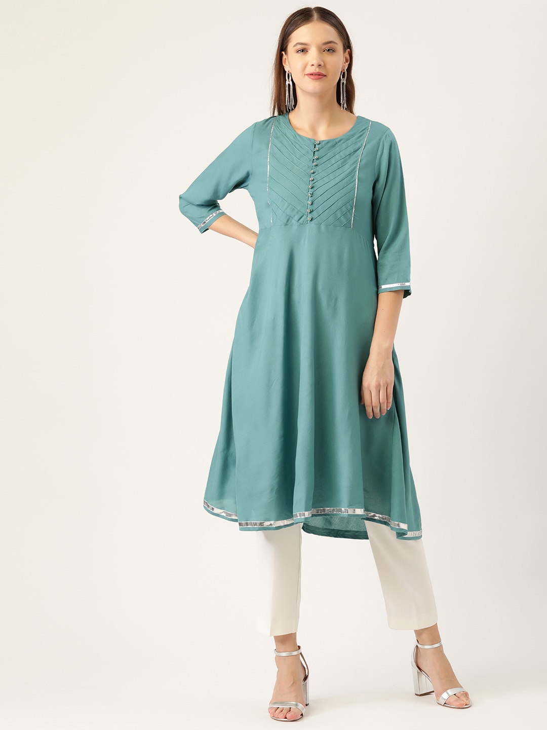 

all about you Women Green Geometric Yoke Design A-Line Kurta