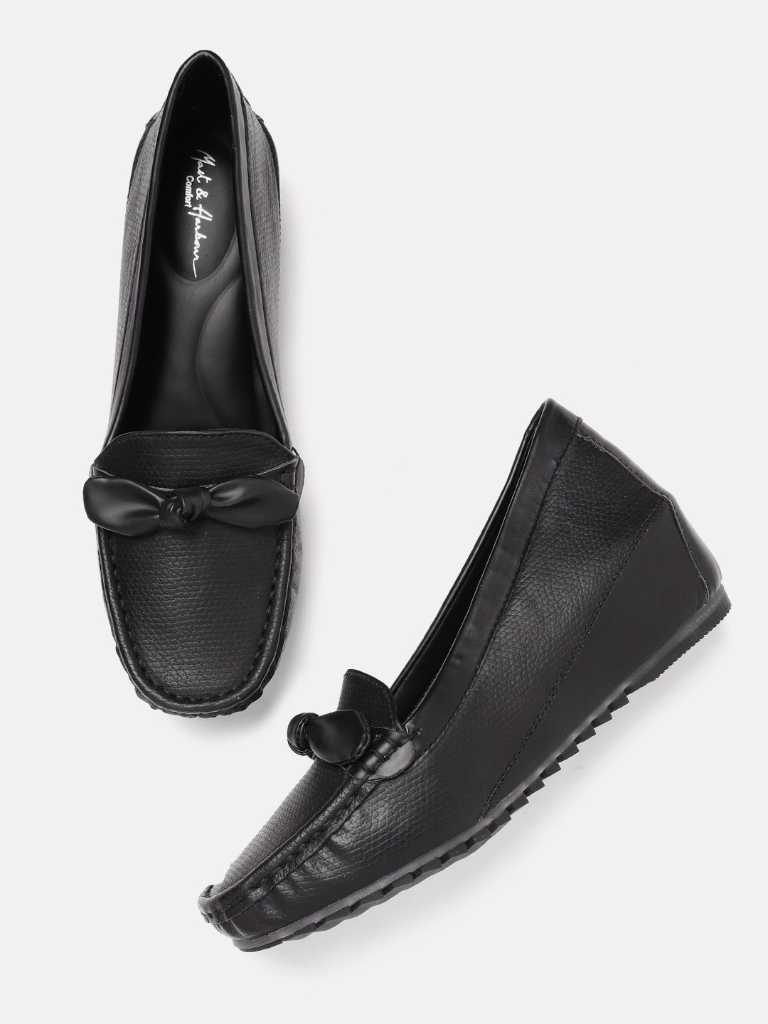 

Mast & Harbour Black Textured Wedge Loafers with Bows