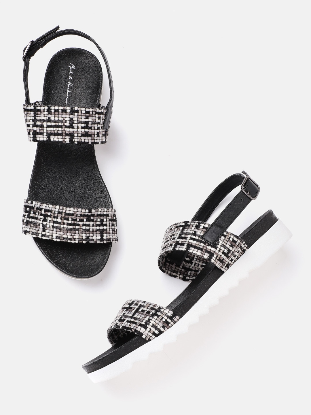 

Mast & Harbour Women Black & Off-White Woven Design Open Toe Flats