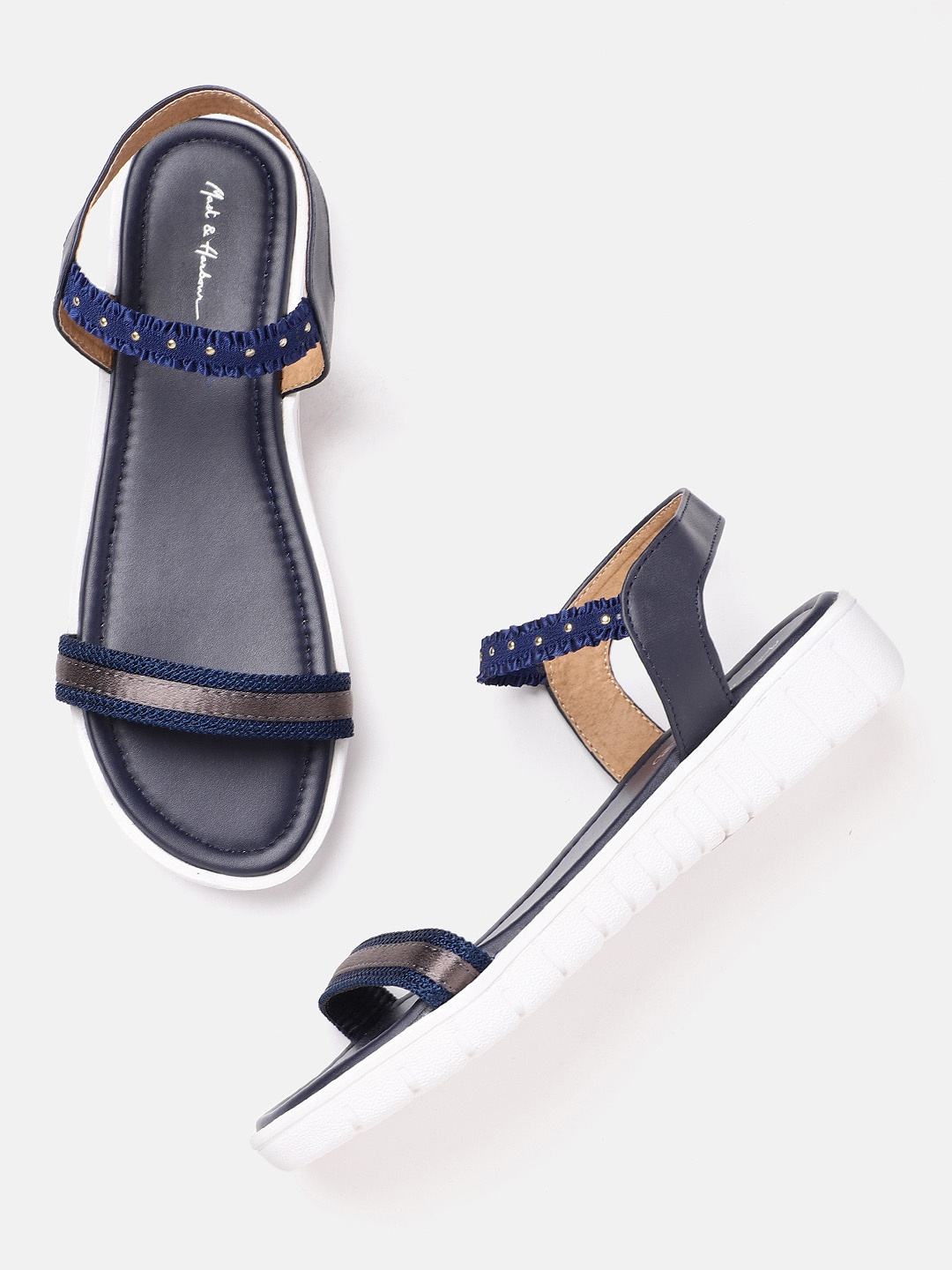 

Mast & Harbour Women Navy Blue Woven Design Open Toe Flats