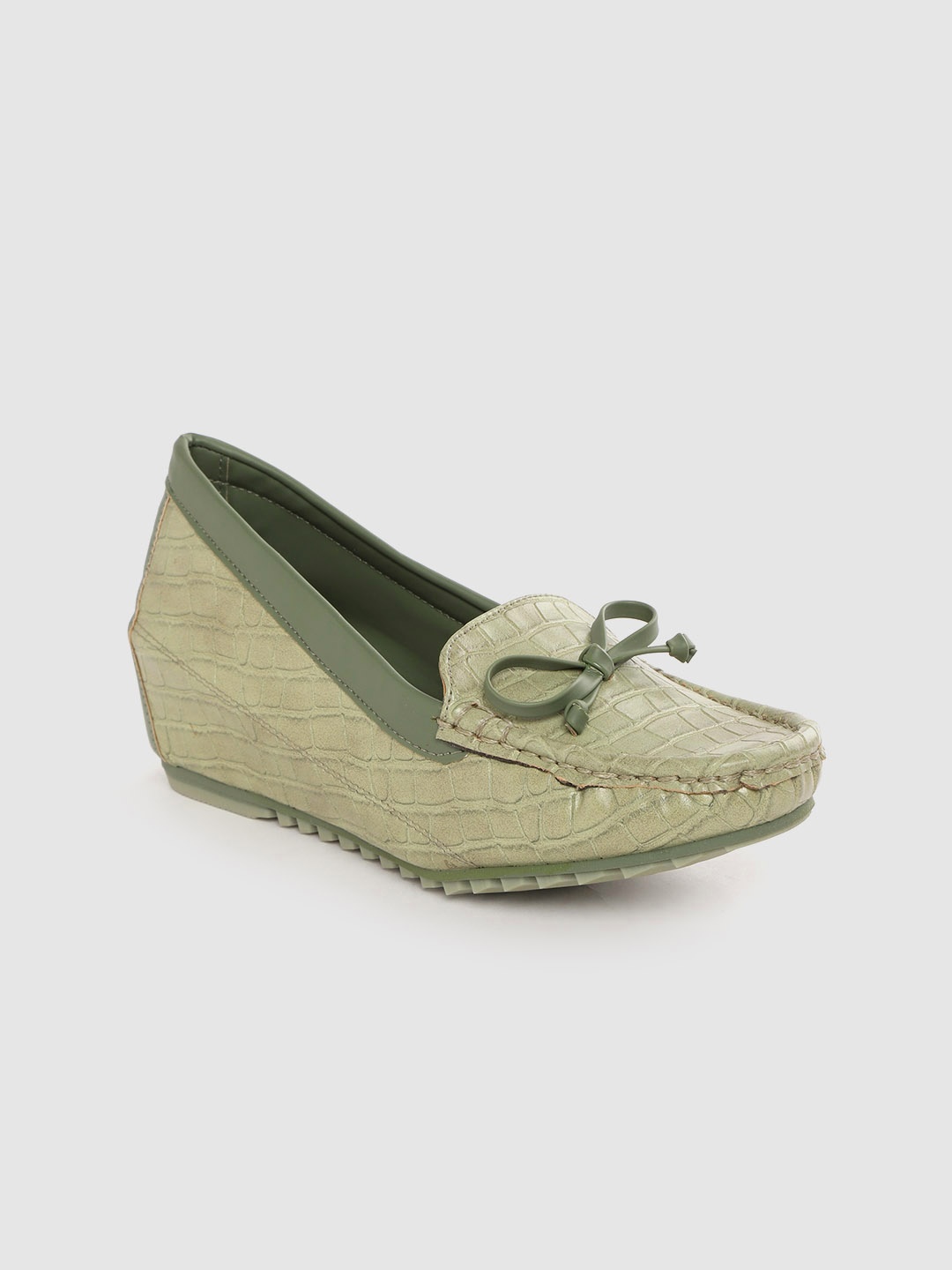 

Mast & Harbour Olive Green Croc Textured Heeled Loafers with Bows