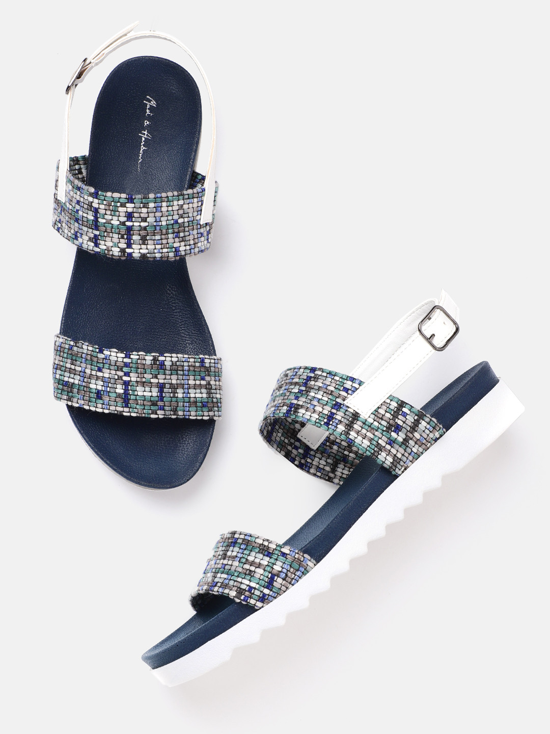

Mast & Harbour Women Blue & Off-White Woven Design Open Toe Flats