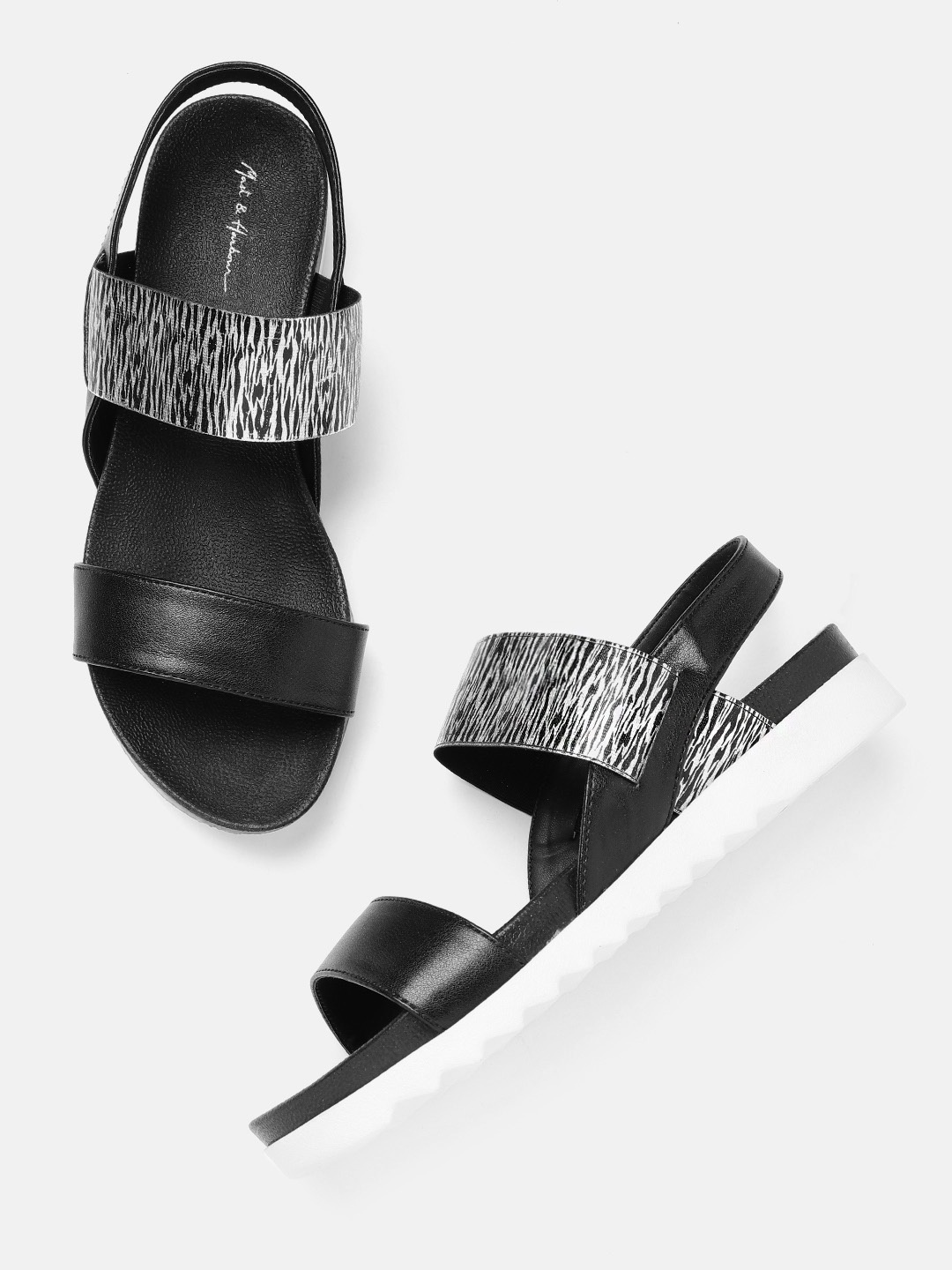 

Mast & Harbour Women Black & Silver-Toned Printed Open Toe Flats