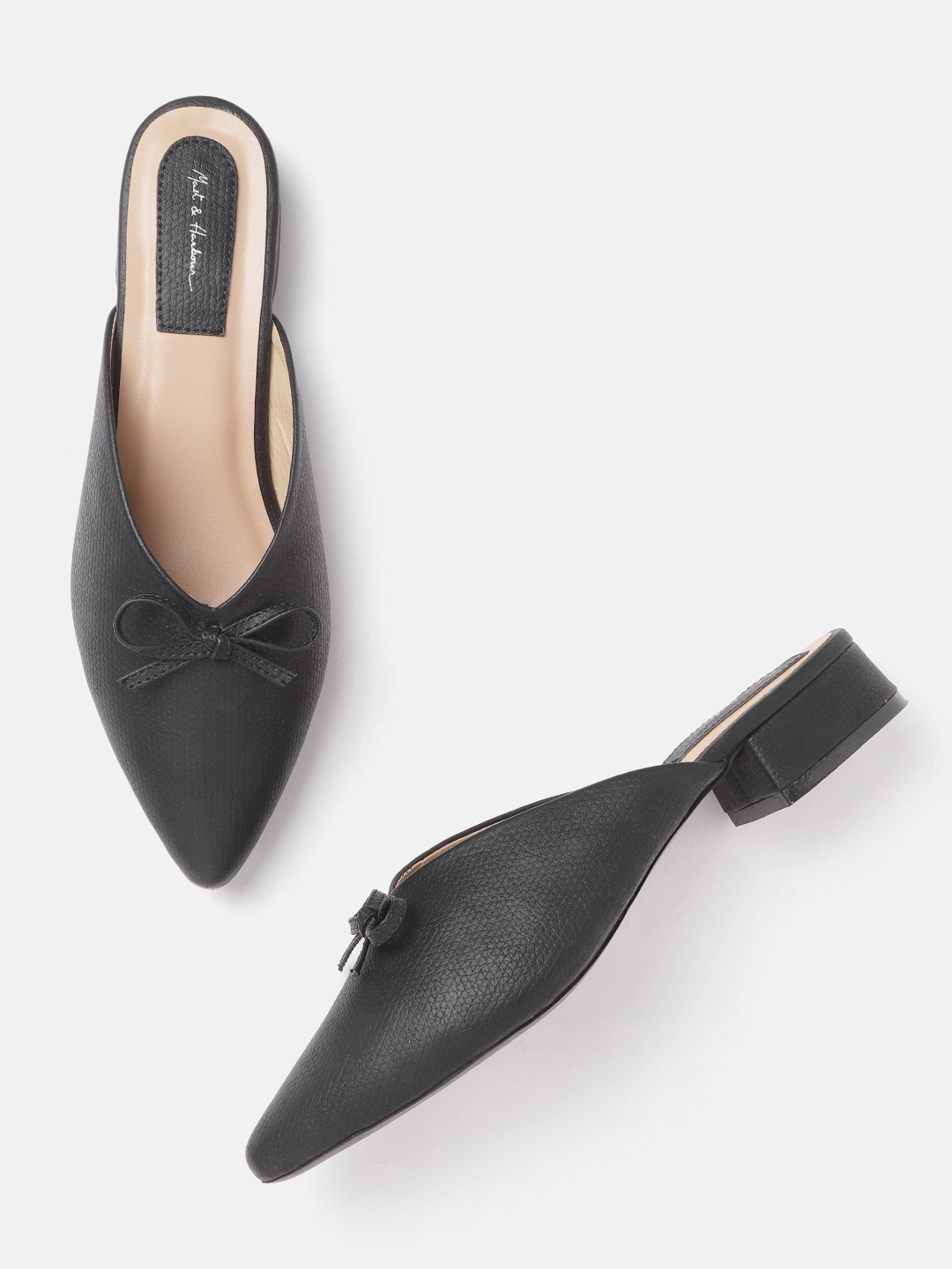 

Mast & Harbour Women Black Textured Mules with Bow Detail
