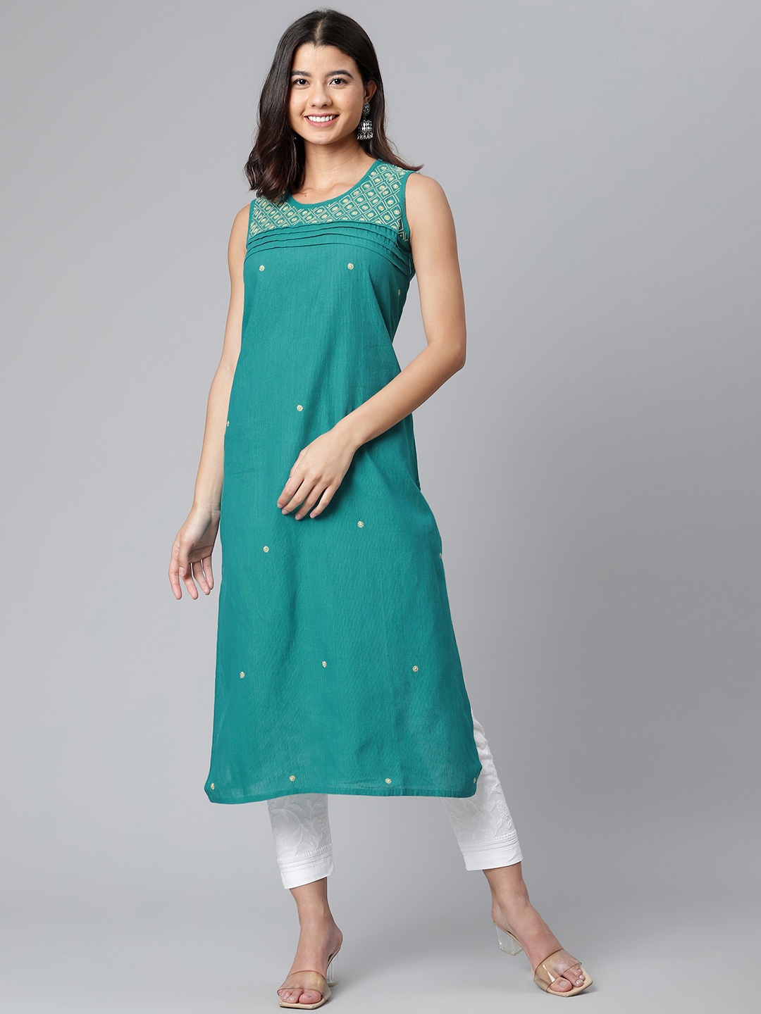 

akheri Women Teal & Golden Pure Cotton Yoke Design Chikankari Handloom Kurta