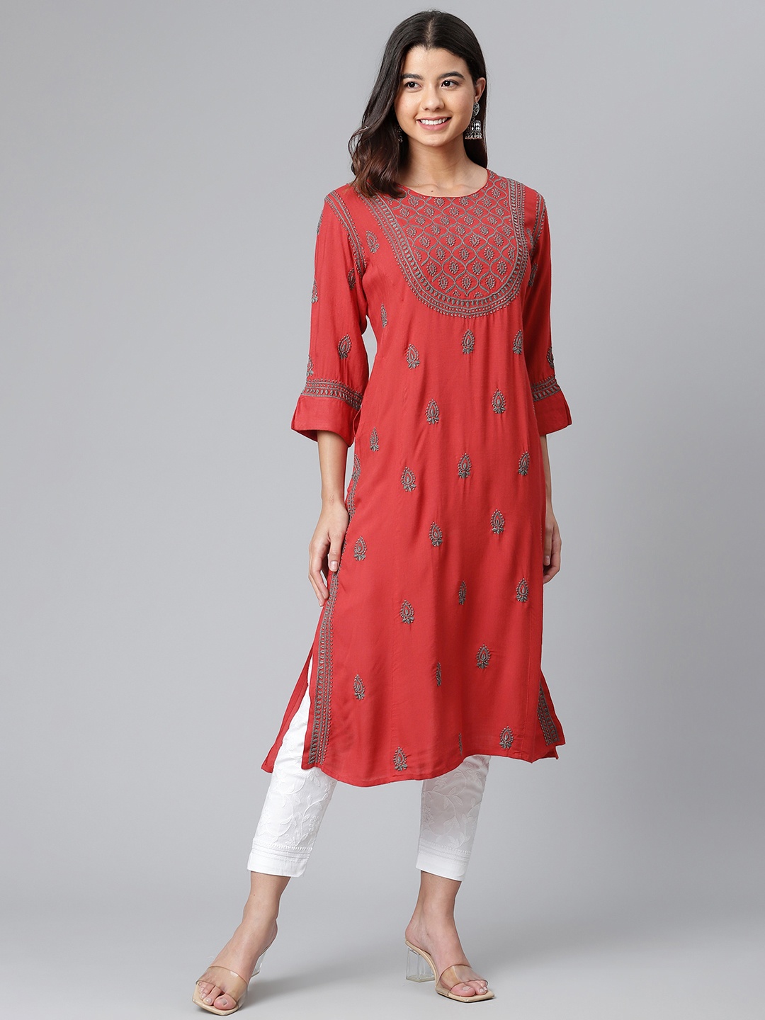 

akheri Women Red & Grey Ethnic Motifs Embroidered Chikankari Kurta