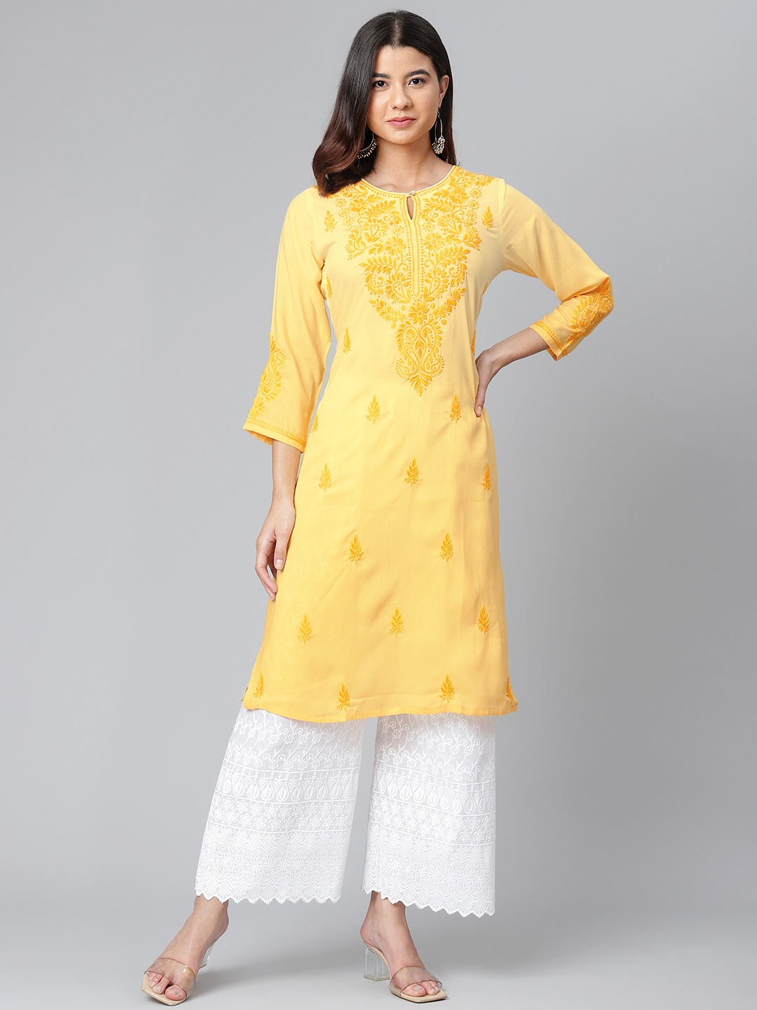 

akheri Women Off White & Yellow Pure Cotton Ethnic Motifs Chikankari Embroidered Kurta