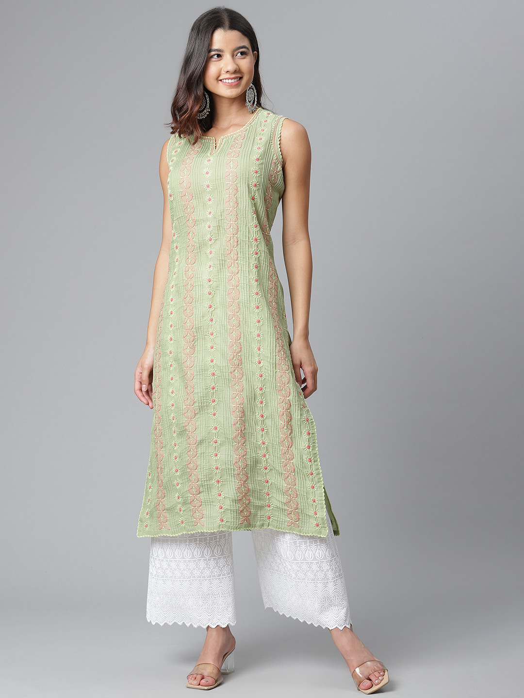 

akheri Women Green & Pink Ethnic Motifs Embroidered Straight Kurta