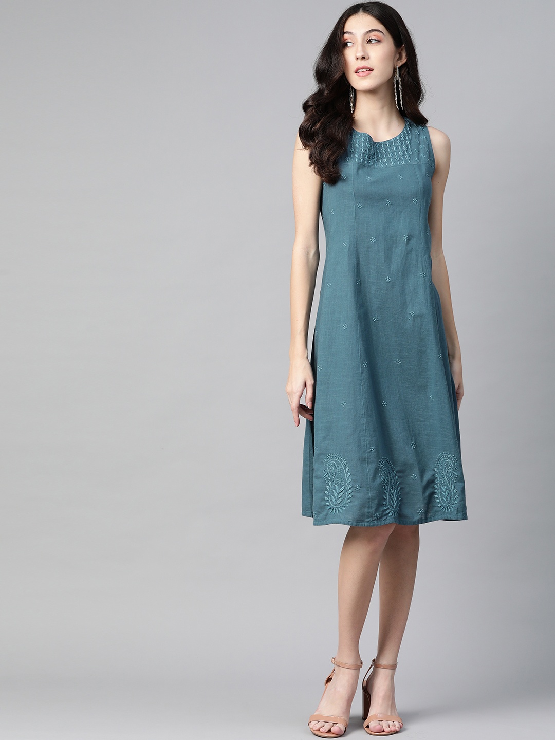 

akheri Teal Green Ethnic Motifs Embroidered Cotton A-Line Dress