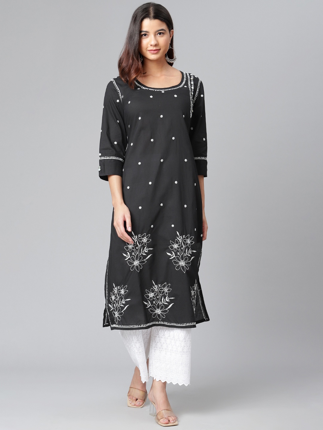 

akheri Women Black & White Chikankari Embroidered Pure Cotton Awadhi Style Kurta