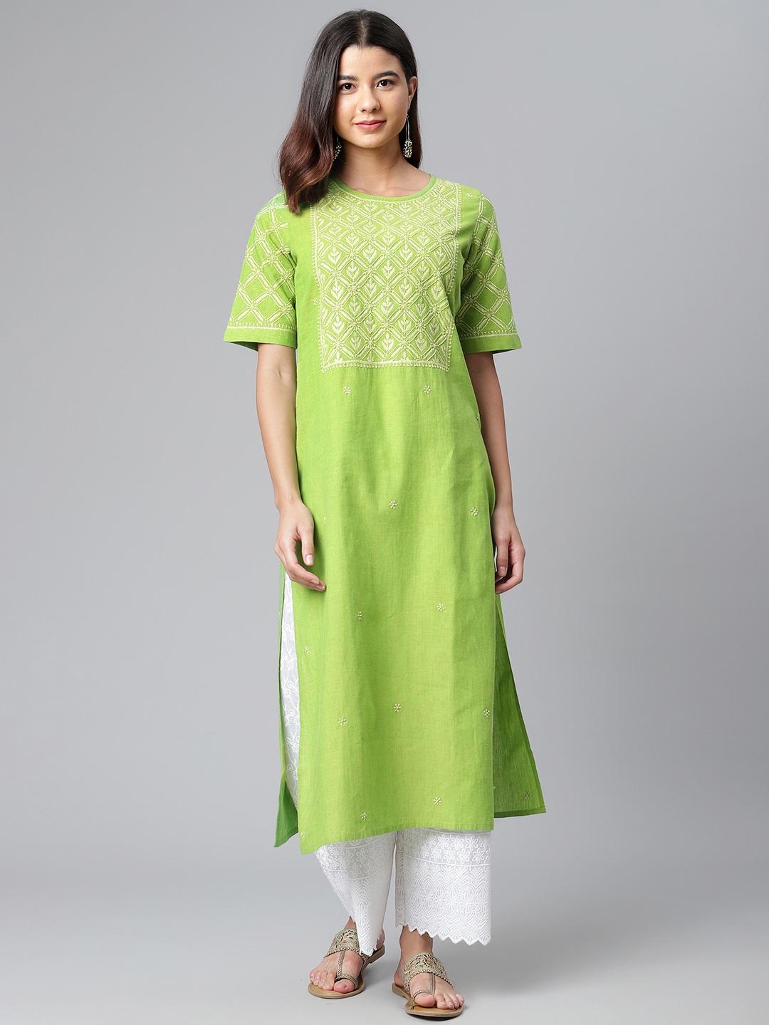 

akheri Women Green Ethnic Motifs Embroidered Chikankari Pure Cotton Handloom Kurta