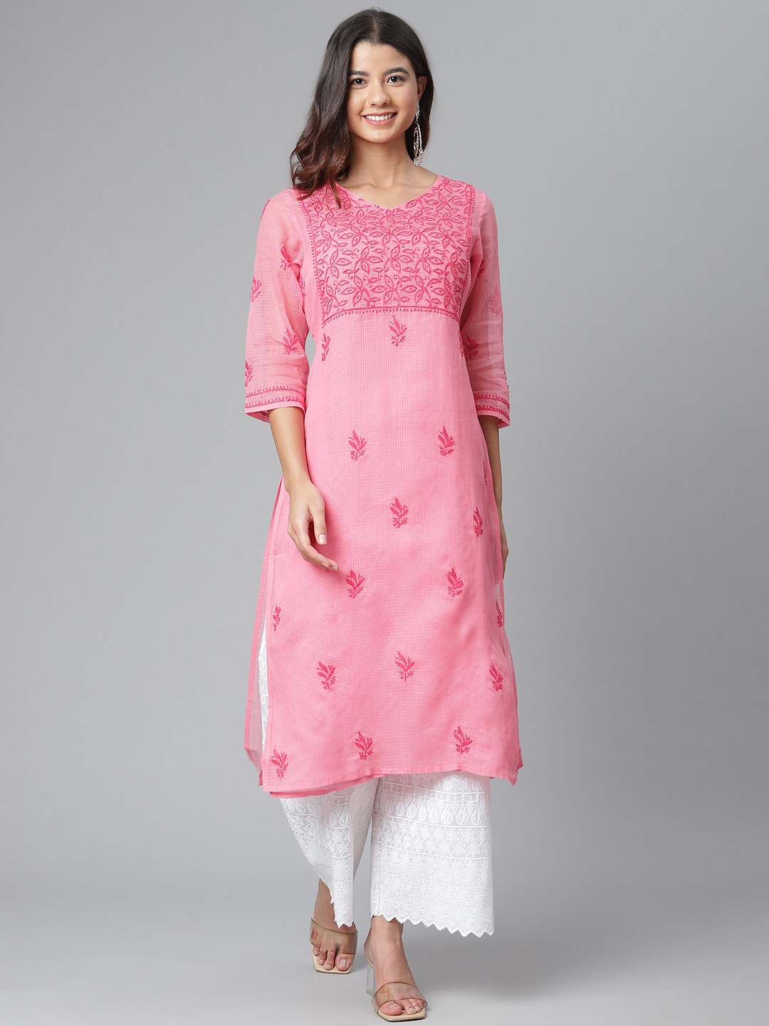 

akheri Women Pink Ethnic Motifs Embroidered Chikankari Kota Kurta With Detachable Inner