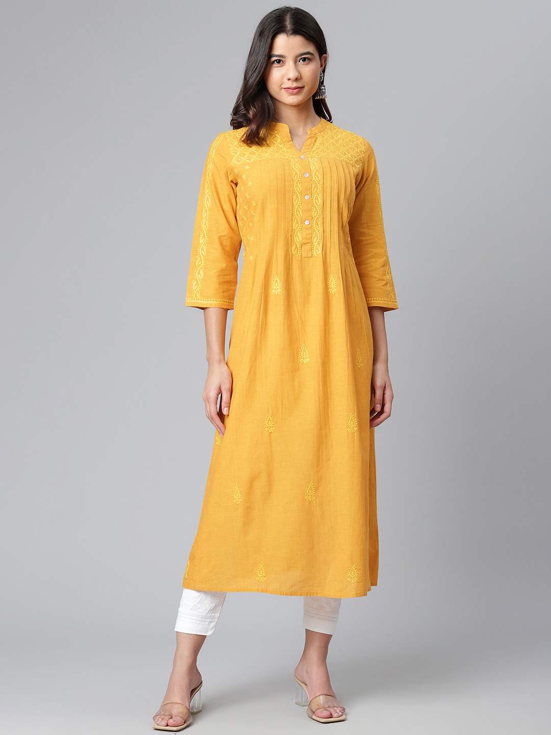 

akheri Women Mustard Yellow Ethnic Motifs Embroidered Chikankari Handloom Kurta