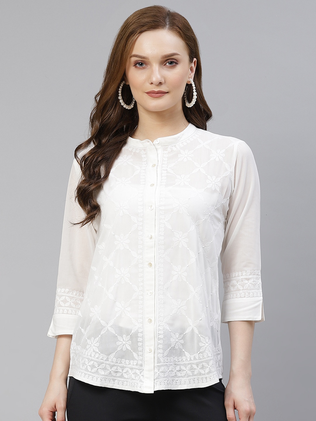 

akheri Women White Ethnic Motifs Chikankari Embroidered Casual Shirt