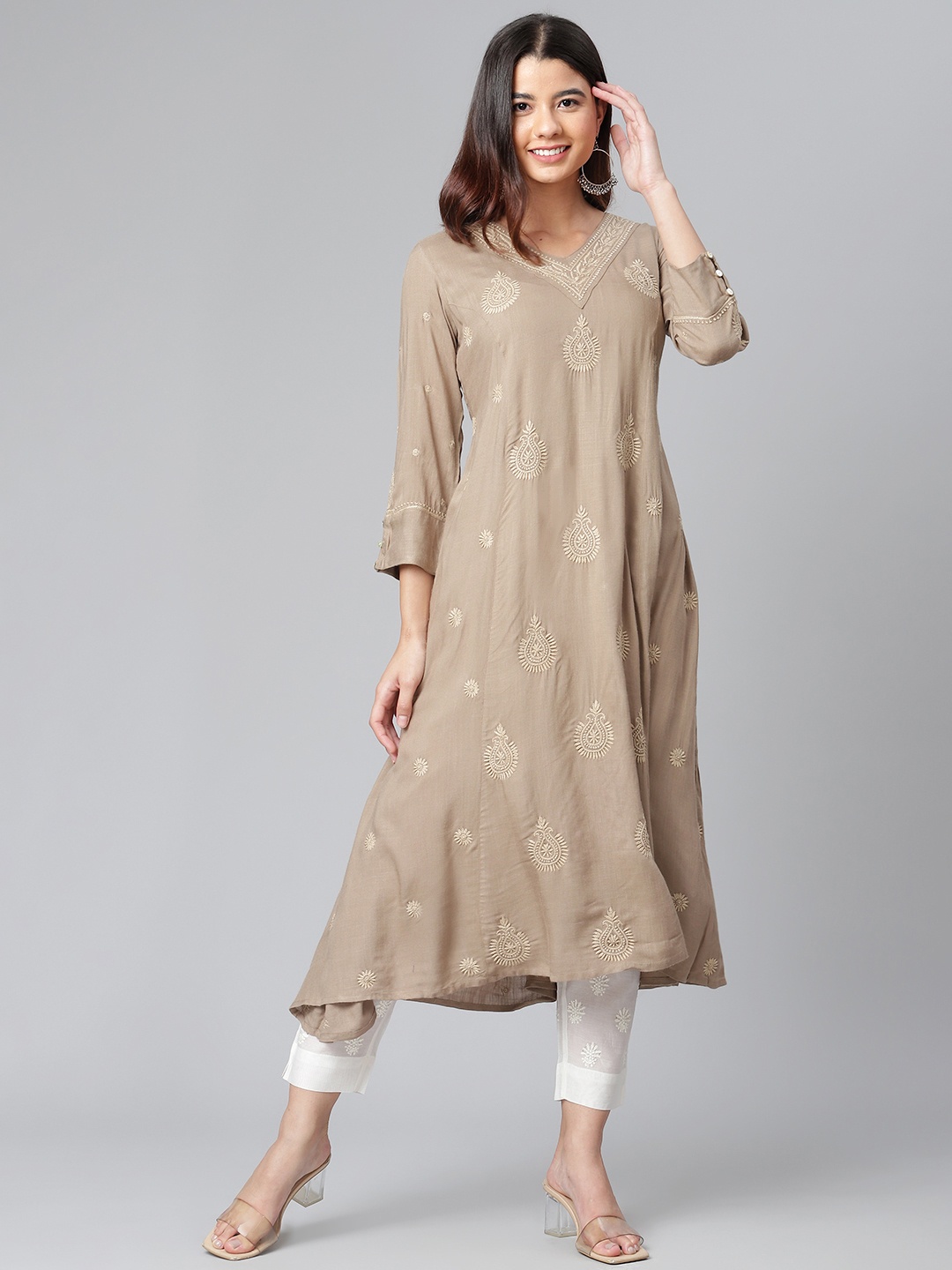 

akheri Women Taupe Ethnic Motifs Chikankari A-line Kurta