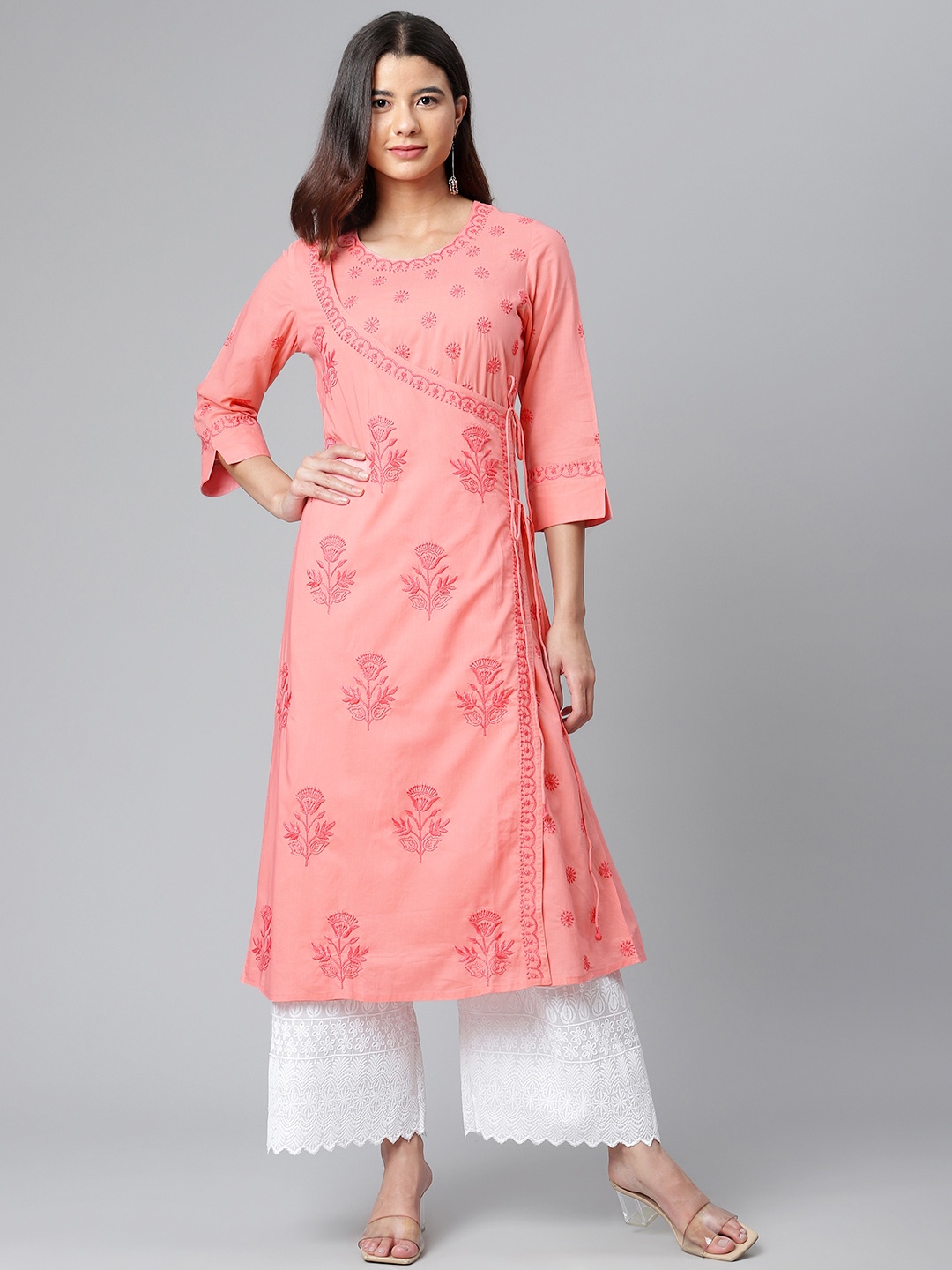 

akheri Women Pink Ethnic Motifs Embroidered Chikankari Cotton Angrakha Kurta
