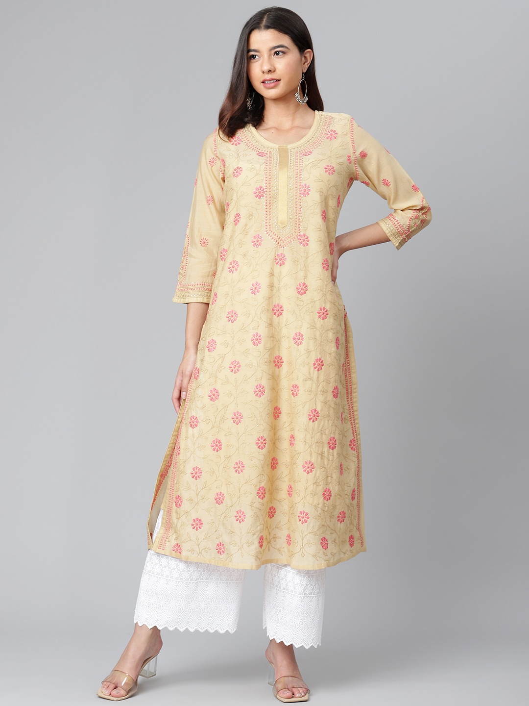 

akheri Women Beige & Pink Ethnic Motifs Chikankari Straight Kurta with Inner