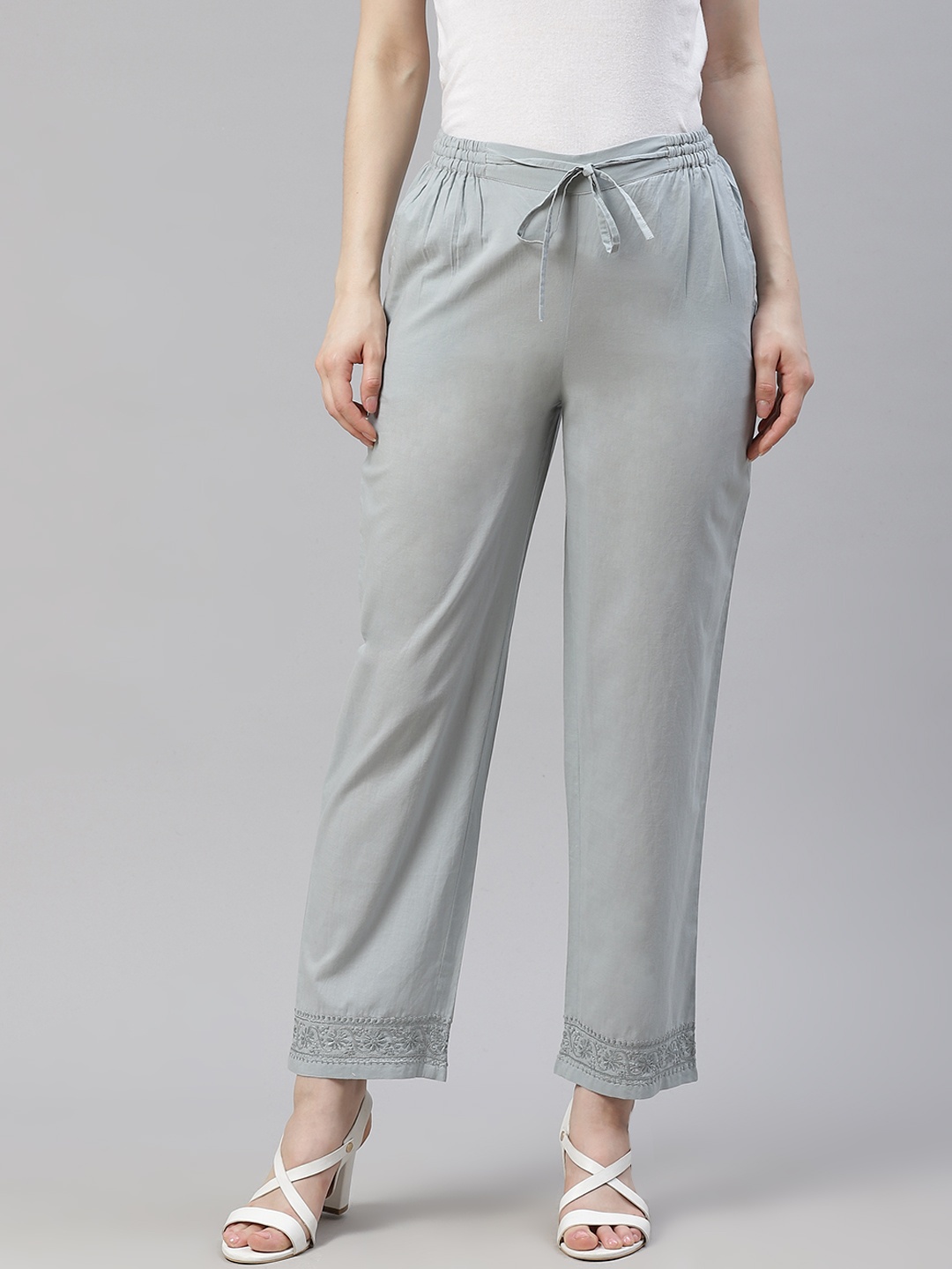 

akheri Women Grey Cropped Pure Cotton Ethnic Palazzos