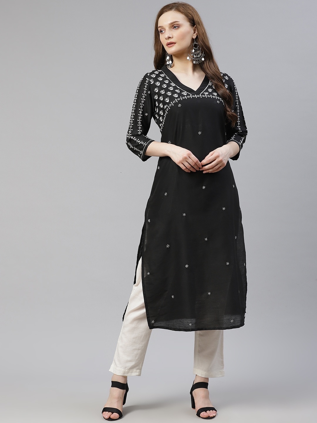 

akheri Women Black & White Ethnic Motifs Embroidered Chikankari Chanderi Silk Chanderi Silk Kurta