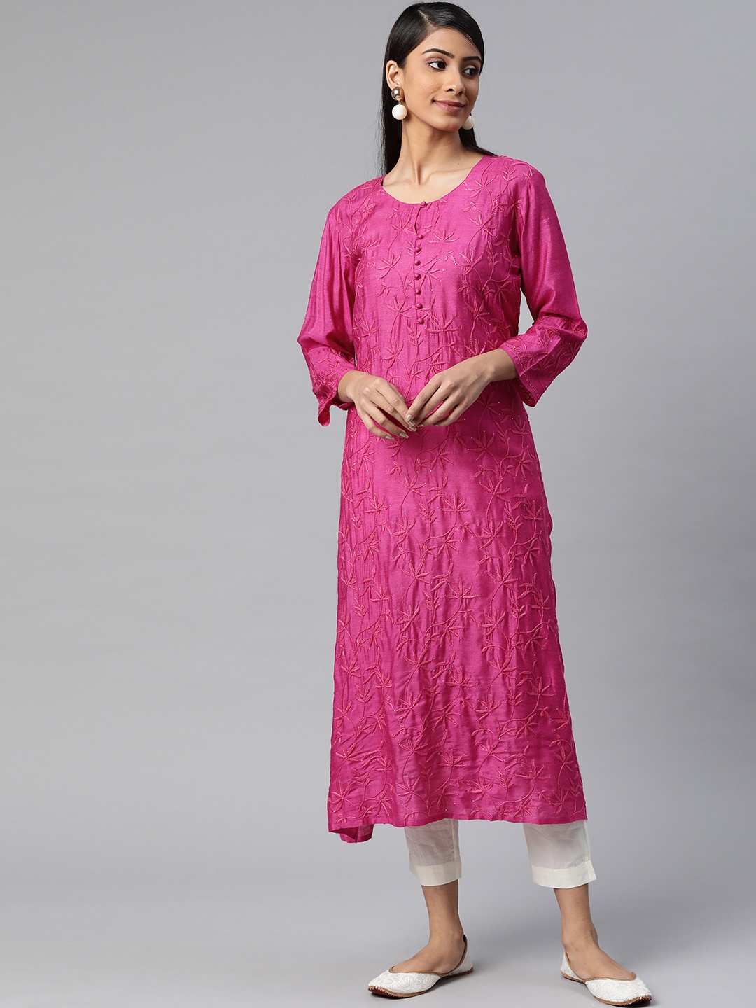 

akheri Women Magenta Ethnic Motifs Embroidered Chikankari Mukaish Straight Kurta