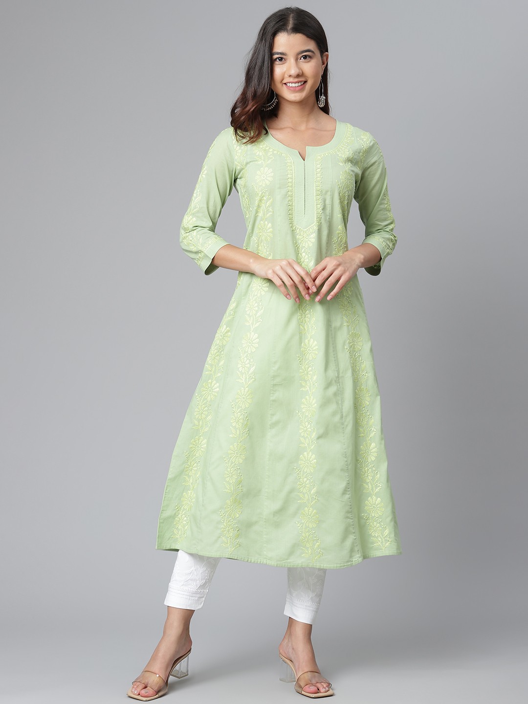 

akheri Women Green Cotton Chikankari Embroidered A-Line Kurta