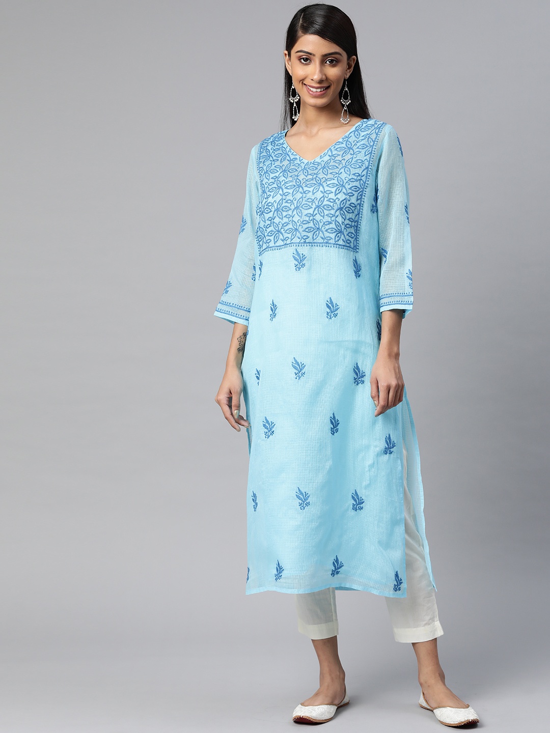 

akheri Women Blue Ethnic Motifs Chikankari Handloom Straight Kurta comes with Inner