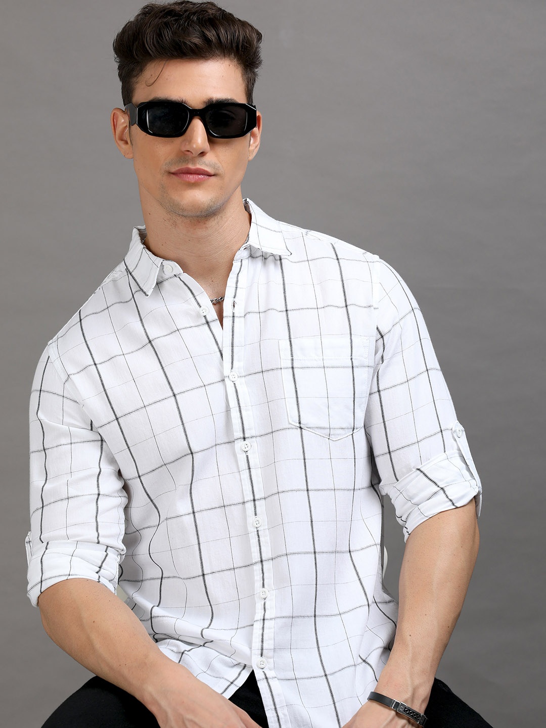 

HERE&NOW Men White & Black Cotton Slim Fit Tartan Checked Casual Shirt