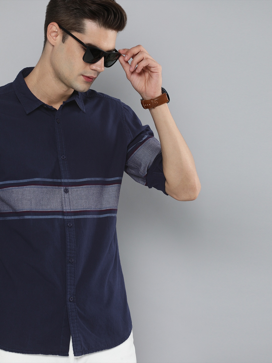 

HERE&NOW Men Blue Colourblocked Pure Cotton Casual Shirt