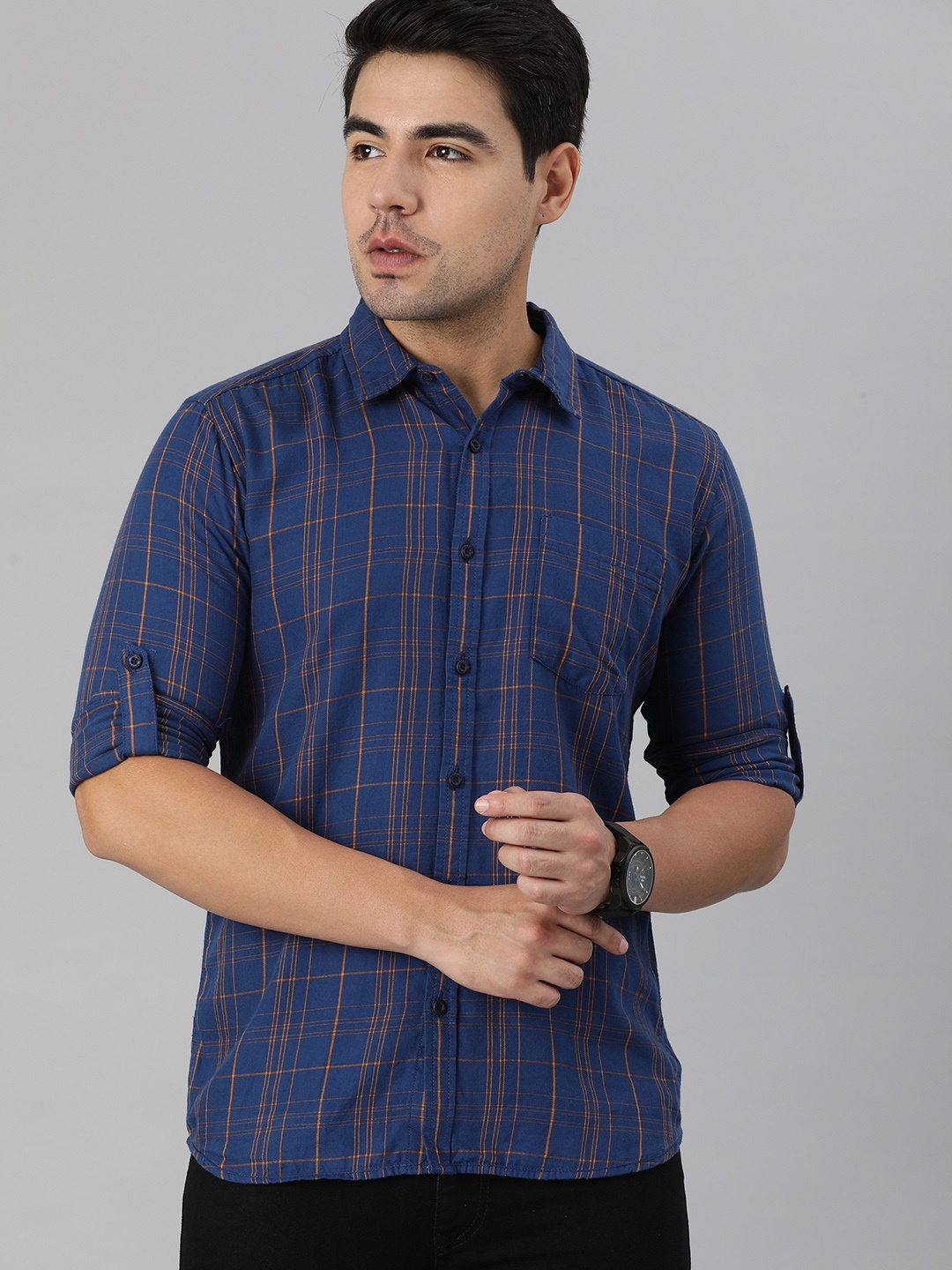 

HERE&NOW Men Navy Blue & Orange Slim Fit Tartan Checks Checked Casual Shirt