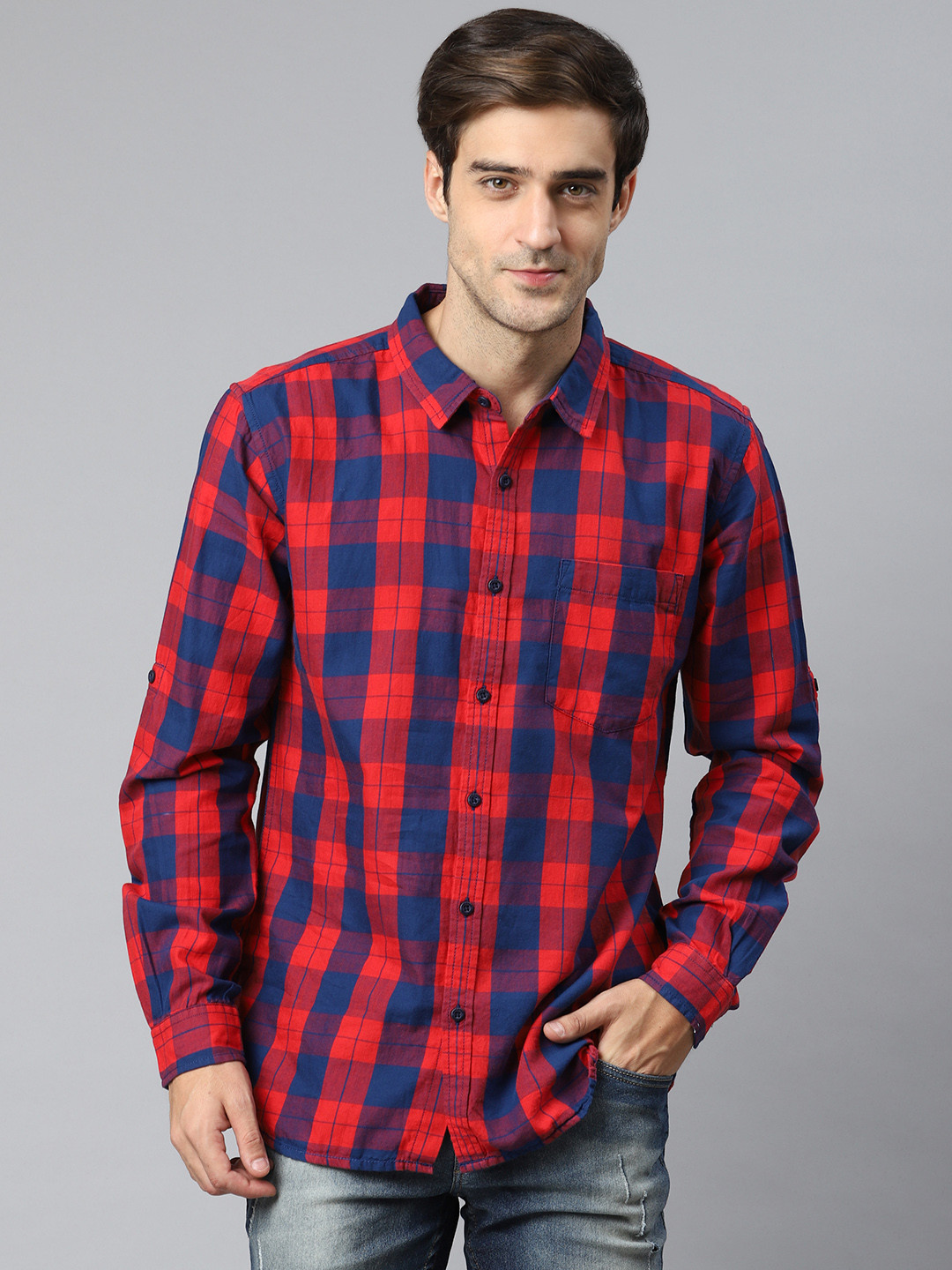 

HERE&NOW Men Red & Navy Blue Cotton Slim Fit Tartan Checked Casual Shirt