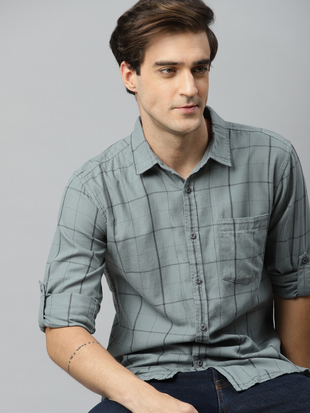 

HERE&NOW Men Grey & Black Regular Fit Checked Pure Cotton Casual Shirt
