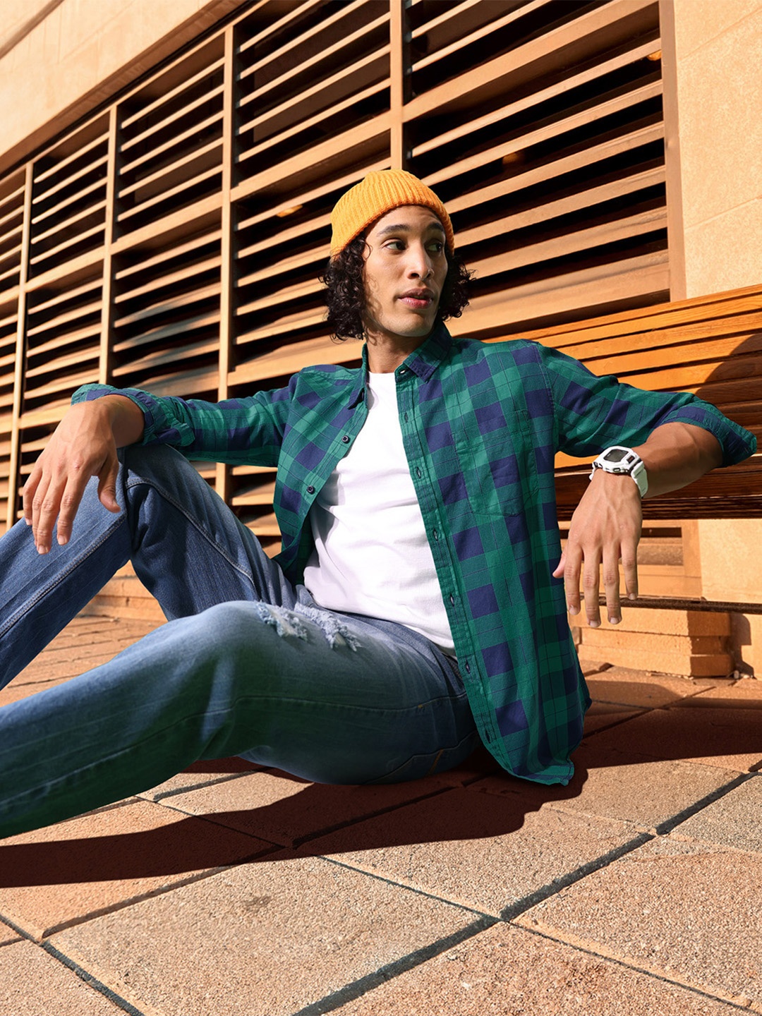 

HERE&NOW Men Green & Blue Slim Fit Checked Casual Shirt