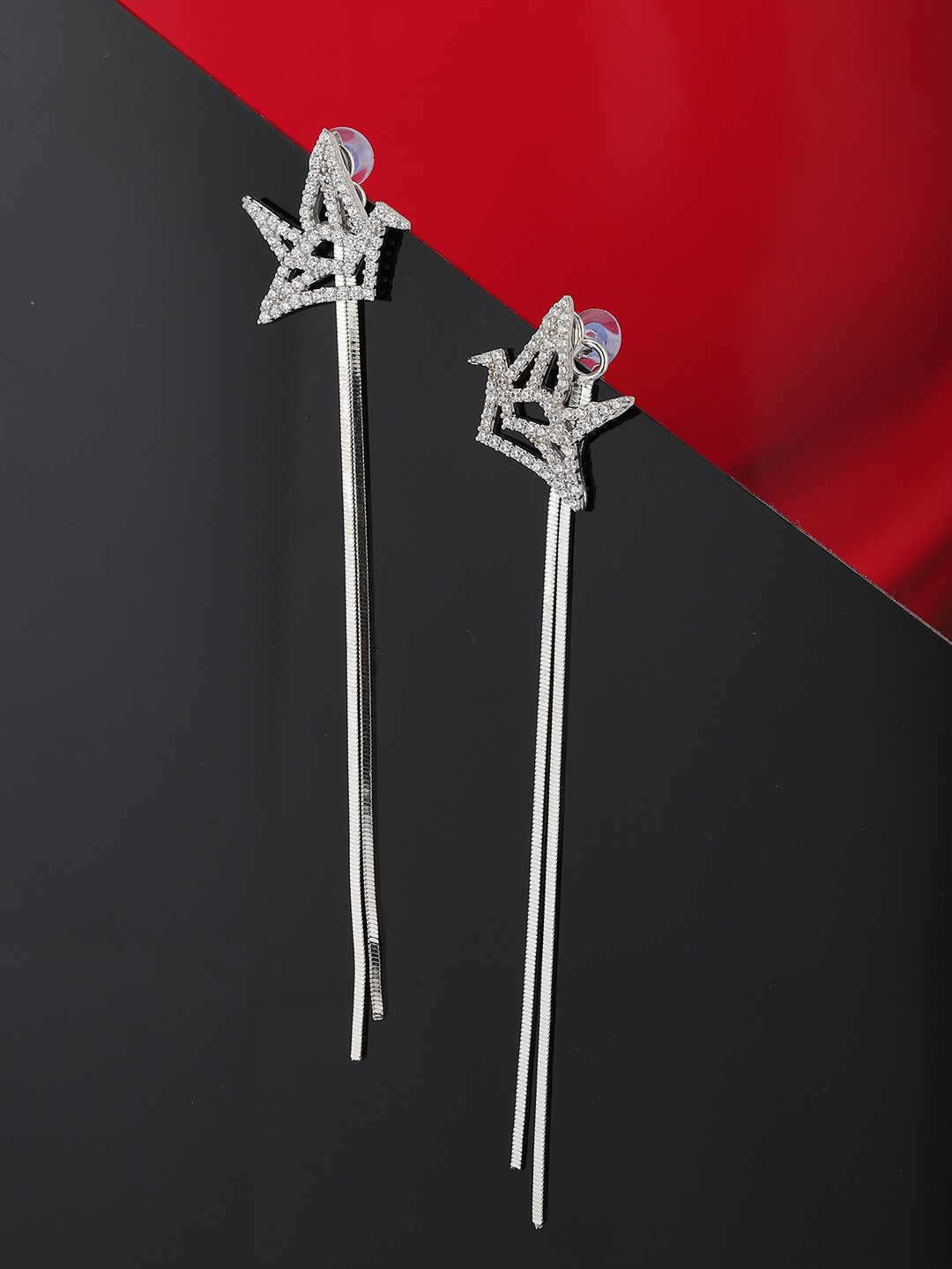 

Carlton London Silver-Toned Rhodium-Plated Stone Studded Contemporary Jacket Drop Earrings