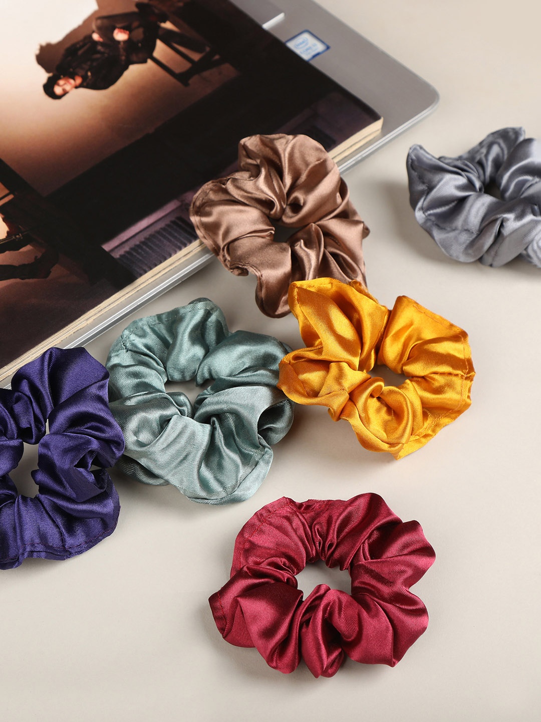 

AccessHer Set Of 6 Fabric English Shade Handcrafted Scrunchies, Brown