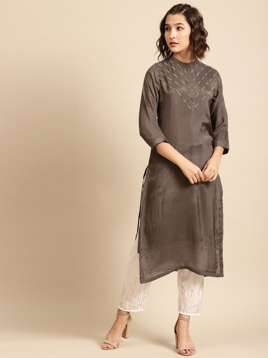 

FASHOR Women Coffee Brown & White Yoke Design Straight Kurta with Trousers