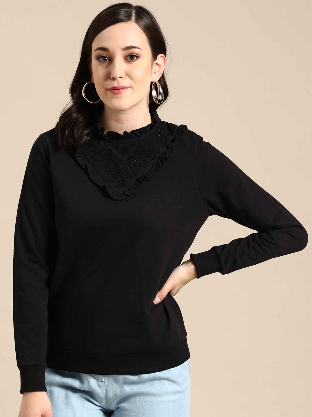 

COVER STORY Women Black Solid Pure Cotton Sweatshirt with Schiffli Work Yoke