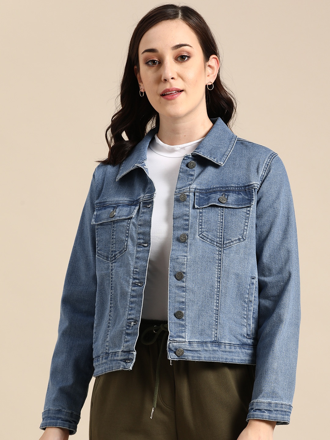 

COVER STORY Women Blue Pure Cotton Washed Denim Jacket