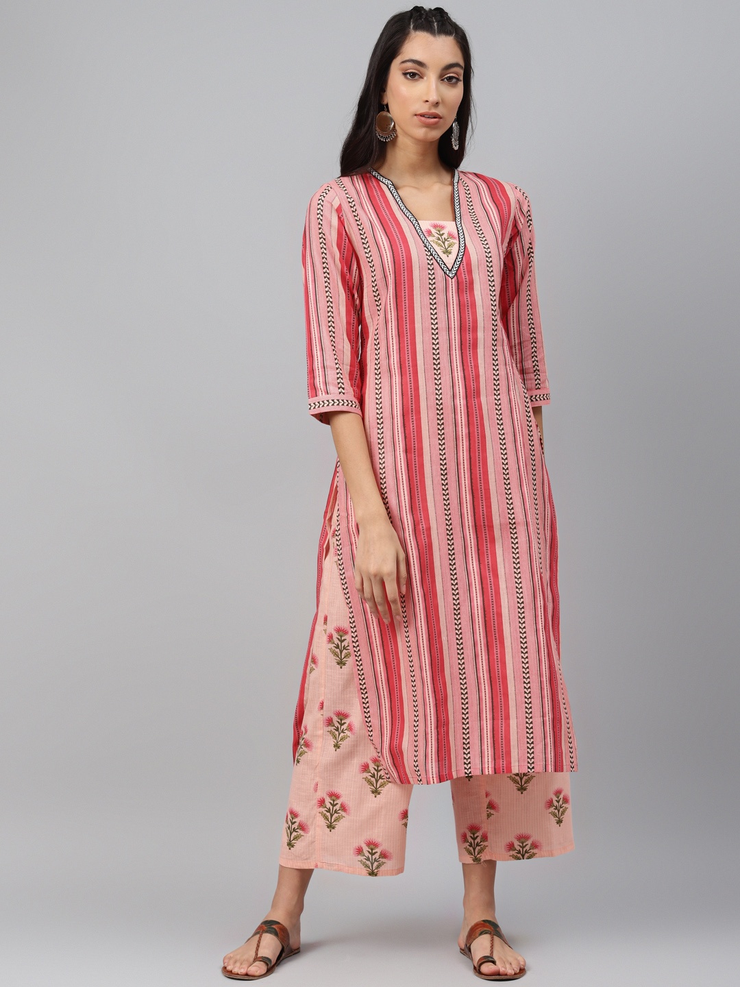 

Laado - Pamper Yourself Women Pink & Black Striped Pure Cotton Kurta with Palazzos