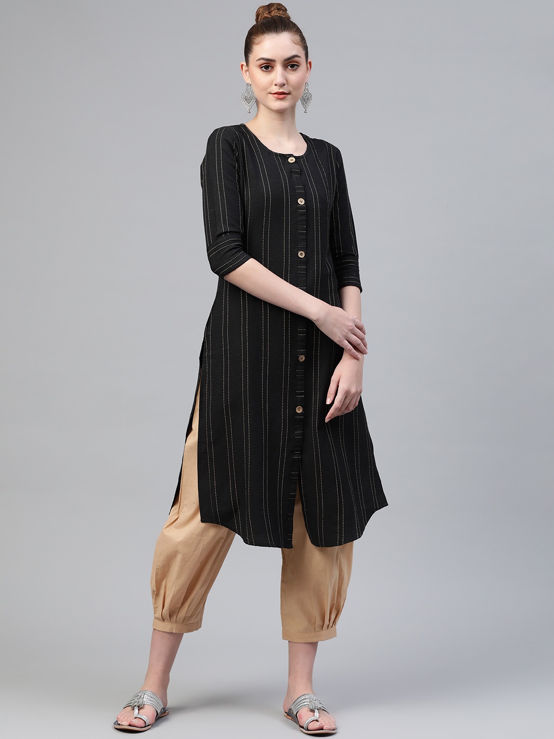 

Laado - Pamper Yourself Women Black & Beige Striped Thread Work Handloom Pure Cotton Kurta