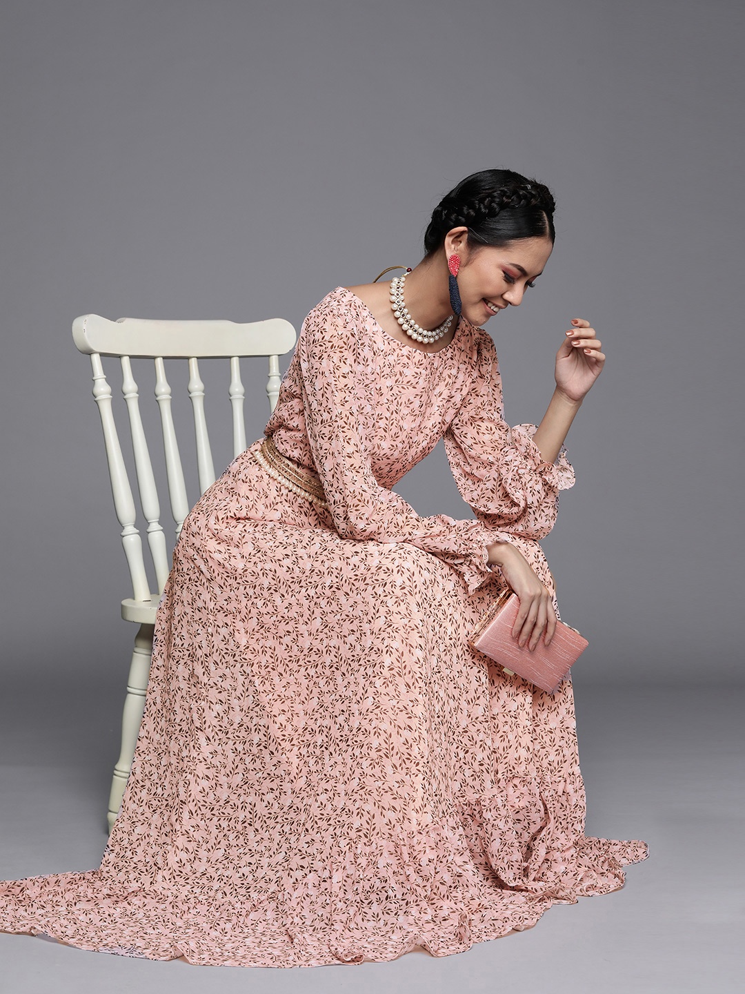 

Inddus Pink & Olive Brown Georgette Floral Printed Maxi Dress With Embellished Belt