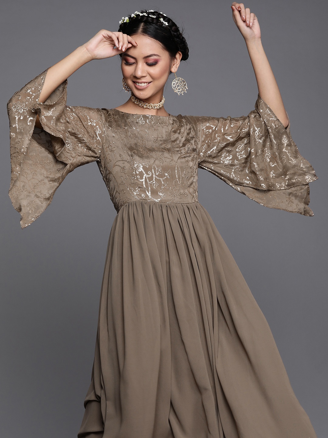 

Inddus Women Olive Brown Embellished Yoke Maxi Dress