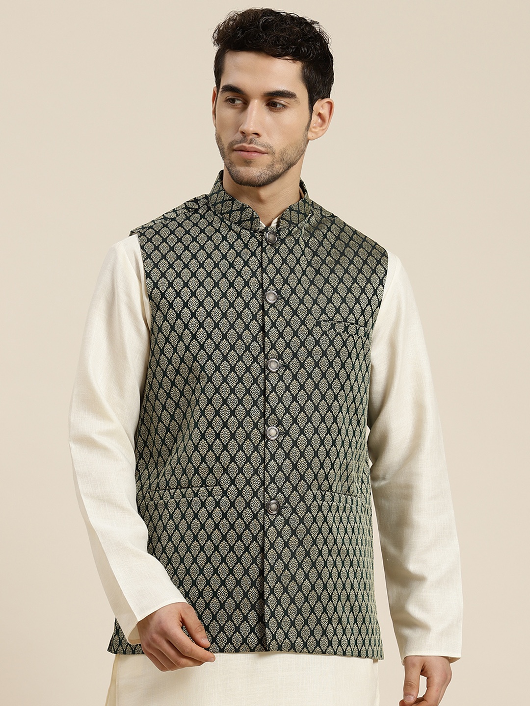 

SOJANYA Men Olive Green & Beige Woven Design Jacquard Silk Nehru Jacket