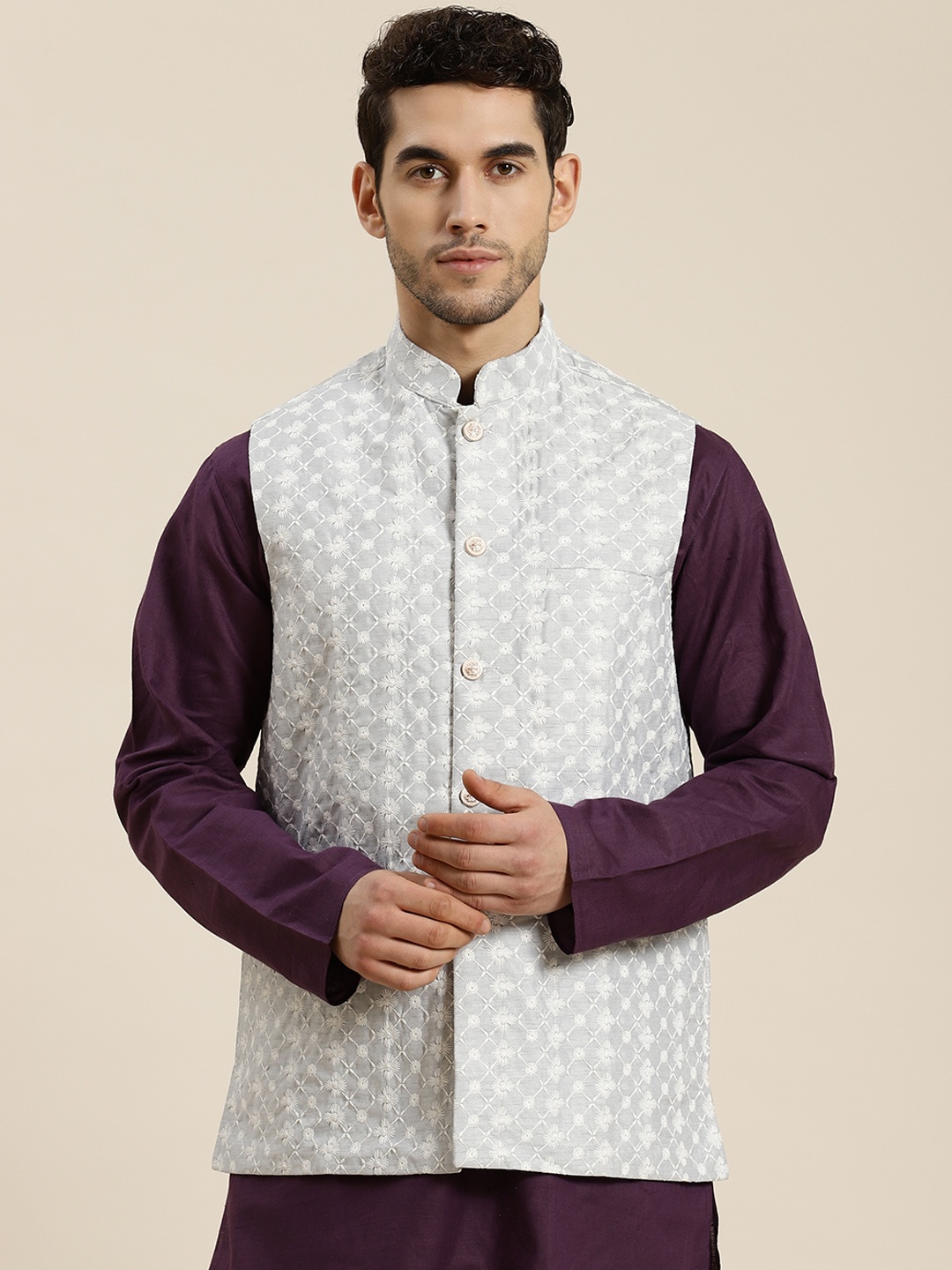 

SOJANYA Men Grey & White Woven Design Nehru Jacket