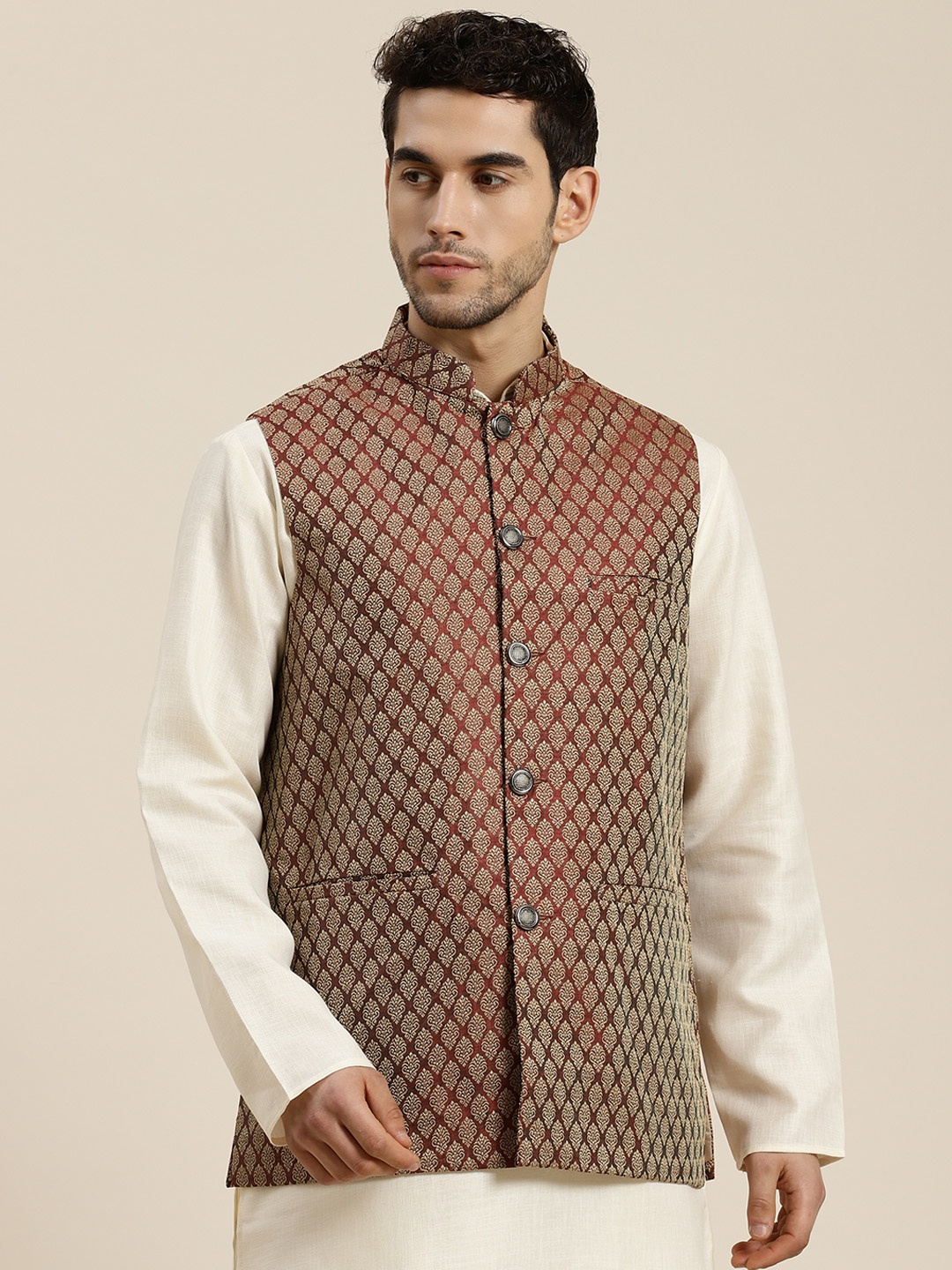 

SOJANYA Men Maroon & Beige Woven Design Jacquard Silk Nehru Jacket